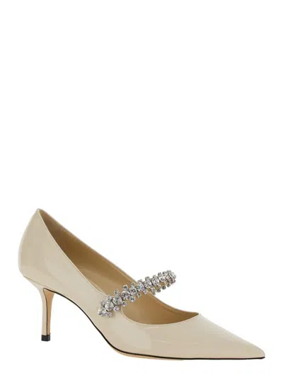 Jimmy Choo Bing White Pumps With Crystal Embellishments And High Cone Heel In Patent Leather Blend Woman In White