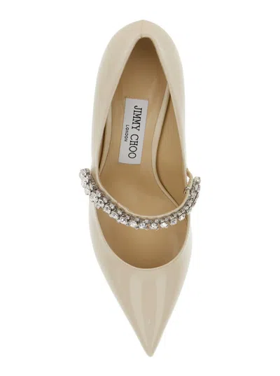 Jimmy Choo Bing White Pumps With Crystal Embellishments And High Cone Heel In Patent Leather Blend Woman In White