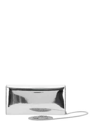 Jimmy Choo 'emmie' Metallic Envelope Clutch With Logo Lettering On The Front And Chain-link Shoulder Strap In L