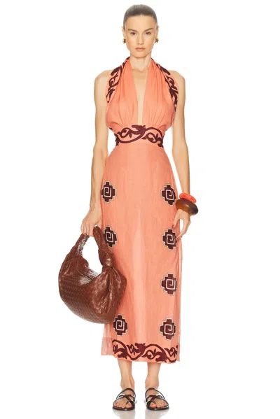 Johanna Ortiz Energetic Patterns Linen Halter Midi Dress In Brown