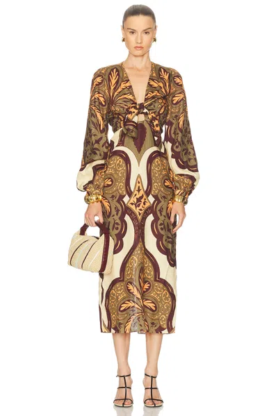 Johanna Ortiz Across Paradise Printed Linen Midi Dress In Brown