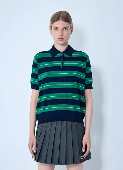 Miu Miu Striped Logo Motif Polo Shirt In Green
