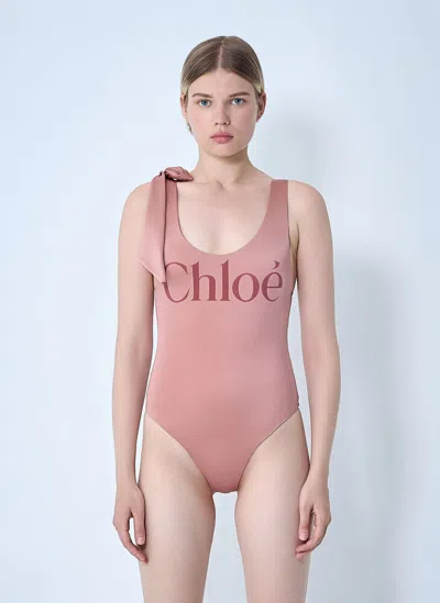 Chloé Maxi Logo Knotted Strap One-piece Swimsuit In Purple