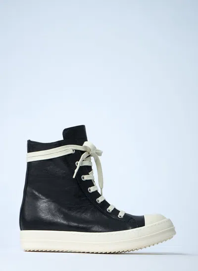 Rick Owens Black High Top Sneakers With Oversized Laces In Leather In Multi