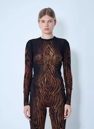 Jean Paul Gaultier Top Long Sleeves Mesh Printed Wood Woman Black And Brown In Brown