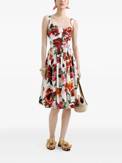 Dolce & Gabbana Women Midi Dress With Red Roses On A White Background In Multi