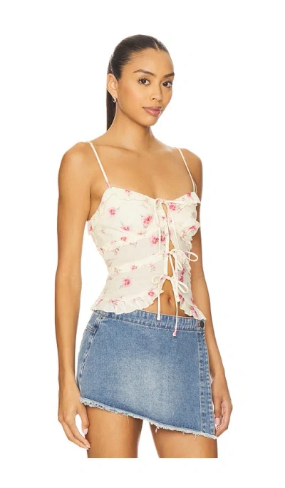 Astr The Label Islah Floral Ruffle Tie Front Crop Camisole In White