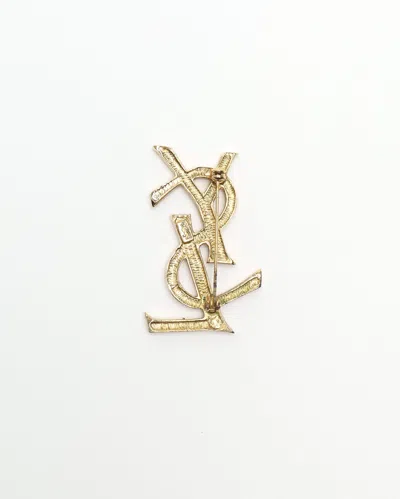 Saint Laurent Ysl Logo Rhinestone Brooch In Gold