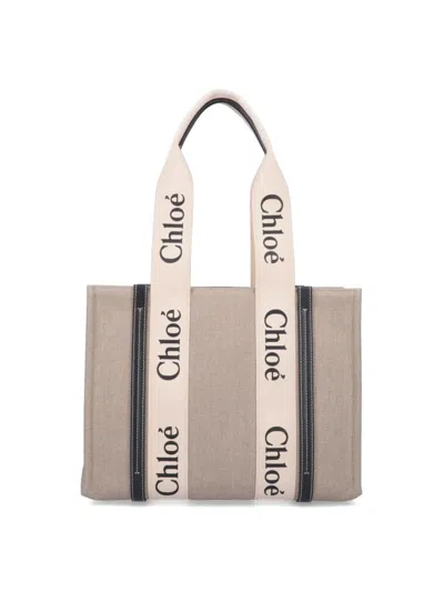 Chloé Linen Shoulder Bag With Logo Print. This Bag Is Made With Lower Environmental Impact Material In Neutral