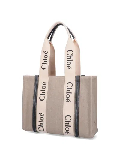 Chloé Linen Shoulder Bag With Logo Print. This Bag Is Made With Lower Environmental Impact Material In Neutral