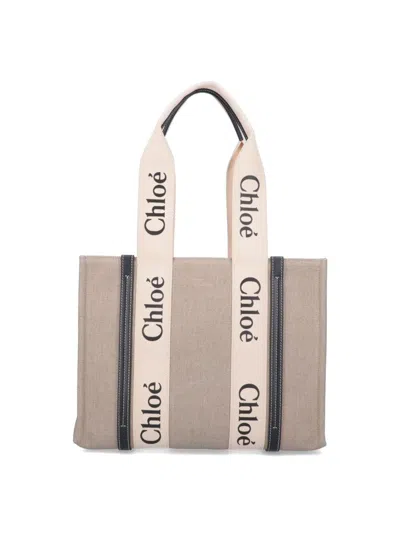 Chloé Linen Shoulder Bag With Logo Print. This Bag Is Made With Lower Environmental Impact Material In Neutral