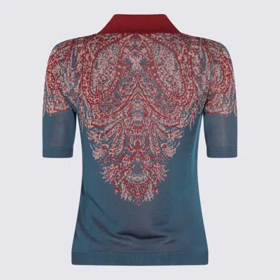 Etro Collared V-neck Polo With Patterned Ribbed Cuffs In Blue