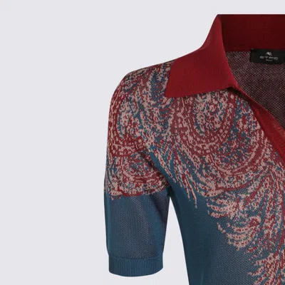 Etro Collared V-neck Polo With Patterned Ribbed Cuffs In Blue