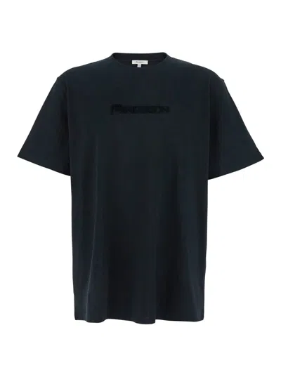Jw Anderson Black Crewneck T-shirt With Logo Lettering Embroidery On The Front In Cotton Man In Black