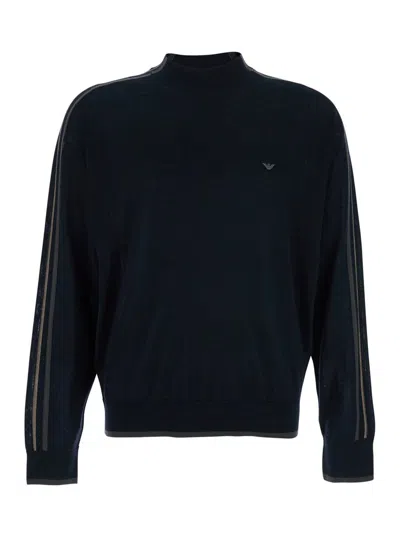 Emporio Armani Dark Grey Crewneck Sweater With Stripe Detail On The Sleeve In Blue