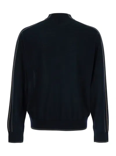 Emporio Armani Dark Grey Crewneck Sweater With Stripe Detail On The Sleeve In Blue