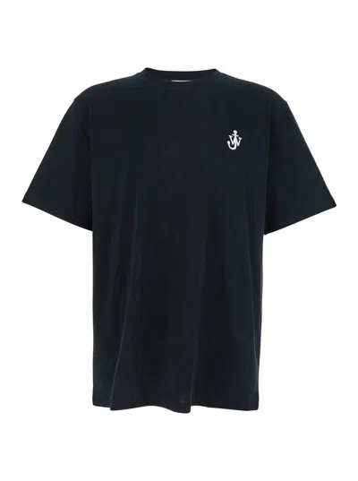 Jw Anderson Black Crewneck T-shirt With Anchor Embroidery On The Front In Cotton Man In Black