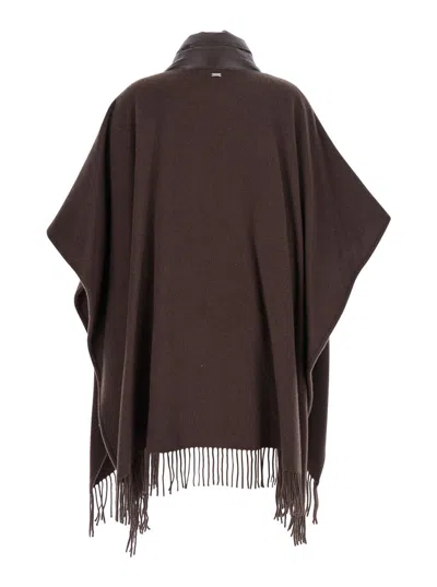 Herno Brown Cape With Drawstring Collar And Fringed Hem In Tech Fabric Woman In Brown