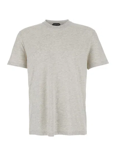 Tom Ford White Crewneck T-shirt With Tf Embroidery In Lyocell And Cotton Blend Man In Gray