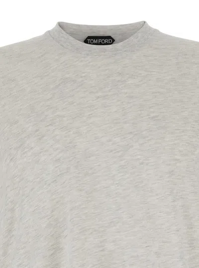 Tom Ford White Crewneck T-shirt With Tf Embroidery In Lyocell And Cotton Blend Man In Gray