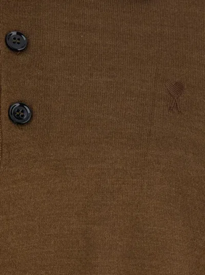 Ami Alexandre Mattiussi Ami Paris Men Brown Polo Shirt With Classic Collar And Logo Embroidery On The Front In Wool And Silk In Brown