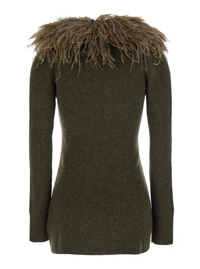 Blumarine Green Cardigan With Removable Feather Collar In Wool Woman