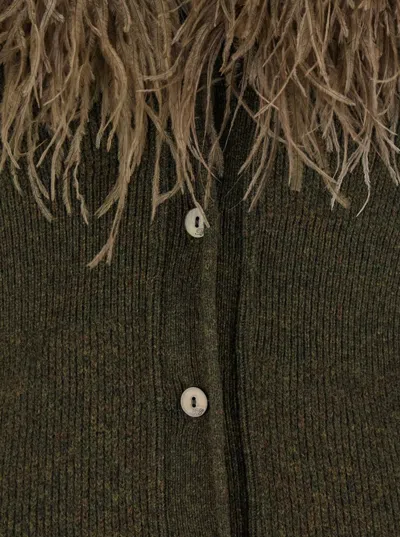 Blumarine Green Cardigan With Removable Feather Collar In Wool Woman