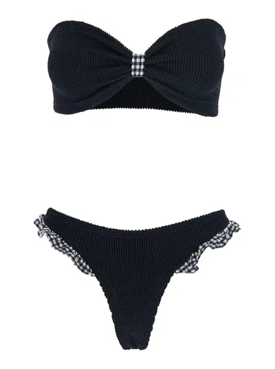 Hunza G Jean Ruffled Gingham-trimmed Seersucker Bandeau Bikini In Black