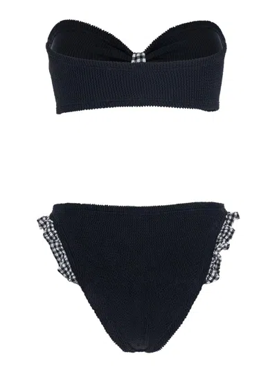 Hunza G Jean Ruffled Gingham-trimmed Seersucker Bandeau Bikini In Black
