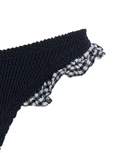 Hunza G Jean Ruffled Gingham-trimmed Seersucker Bandeau Bikini In Black