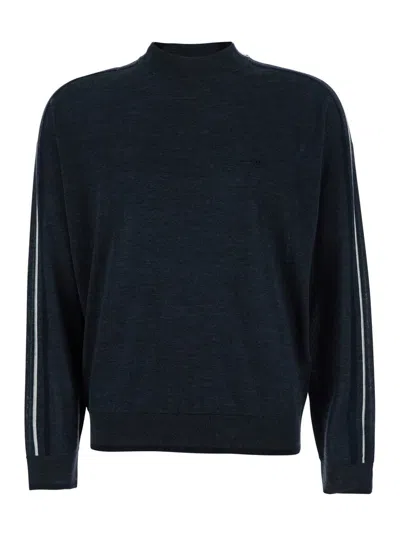 Emporio Armani Dark Grey Crewneck Sweater With Stripe Detail On The Sleeve In Blue