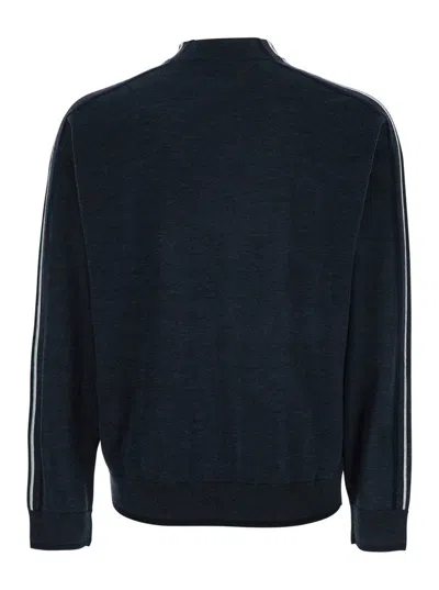Emporio Armani Dark Grey Crewneck Sweater With Stripe Detail On The Sleeve In Blue