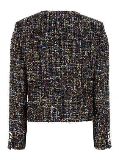 Plain Tweed Multicolor Collarless Jacket In Black