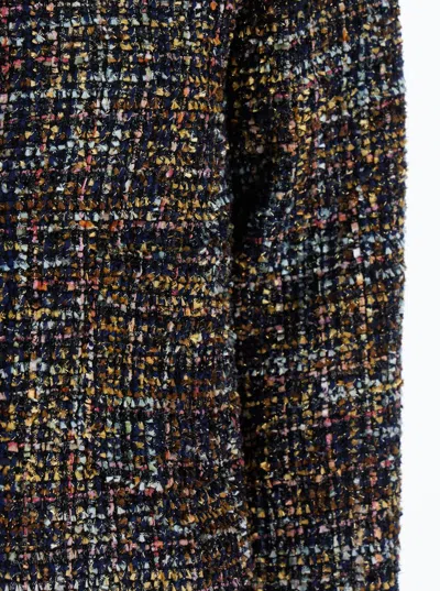Plain Tweed Multicolor Collarless Jacket In Black