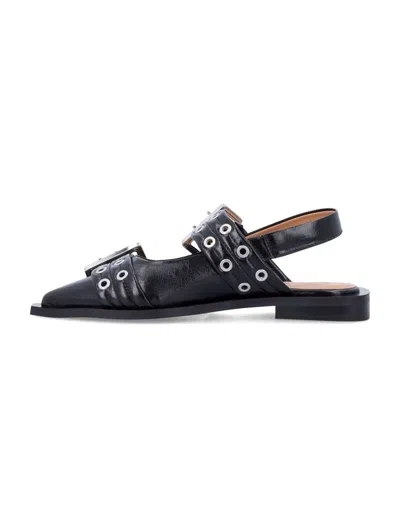 Ganni Pointed Toe Black Ballerinas With Eyelet-accented Buckle Detail In Black