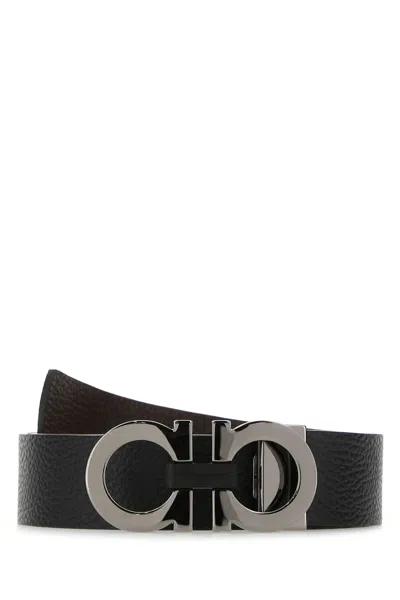 Ferragamo Adjustable Reversible Leather Belt With Textured Finish In Black
