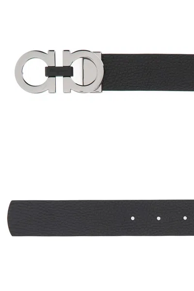 Ferragamo Adjustable Reversible Leather Belt With Textured Finish In Black