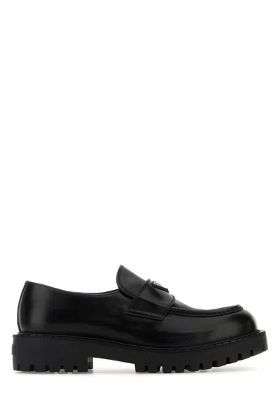 Prada Polished Black Leather Loafers With Chunky Rubber Sole In Black
