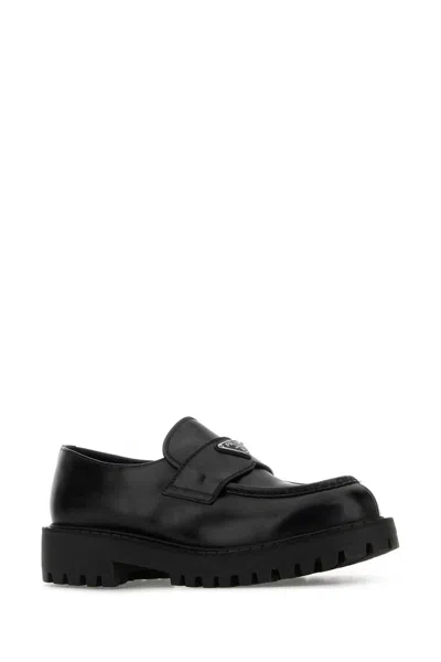 Prada Polished Black Leather Loafers With Chunky Rubber Sole In Black