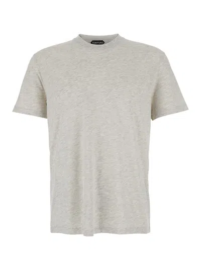 Tom Ford White Crewneck T-shirt With Tf Embroidery In Lyocell And Cotton Blend Man In Gray