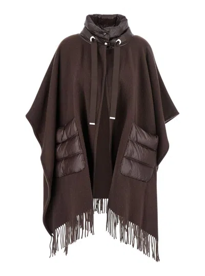 Herno Brown Cape With Drawstring Collar And Fringed Hem In Tech Fabric Woman In Brown