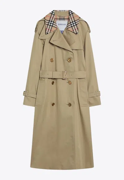 Burberry Castleford Check Collar Water Resistant Gabardine Trench Coat In Green