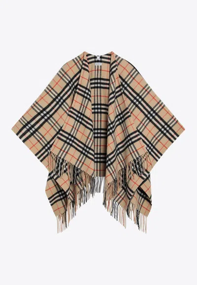Burberry Charlotte Cape With Plaid Pattern And Fringe In Neutral