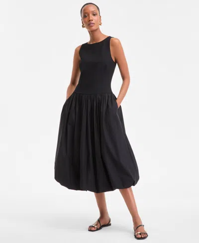 Inc International Concepts Women's Mixed-media Bubble-hem Midi Dress, Exclusively At Macy's In Black