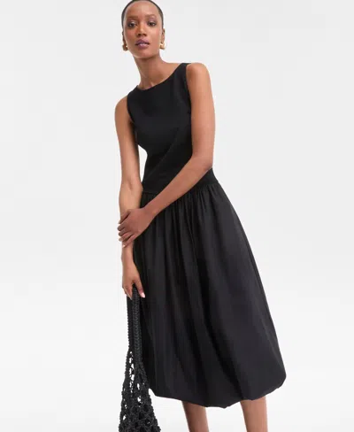 Inc International Concepts Women's Mixed-media Bubble-hem Midi Dress, Exclusively At Macy's In Black
