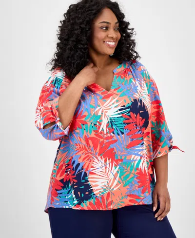 Jones New York Plus Size Printed Tie-sleeve Top In Multi