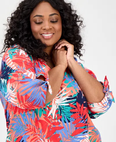 Jones New York Plus Size Printed Tie-sleeve Top In Multi