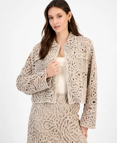Inc International Concepts Women's Collared Crochet Sweater Jacket, Exclusively At Macy's In Brown