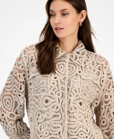 Inc International Concepts Women's Collared Crochet Sweater Jacket, Exclusively At Macy's In Brown
