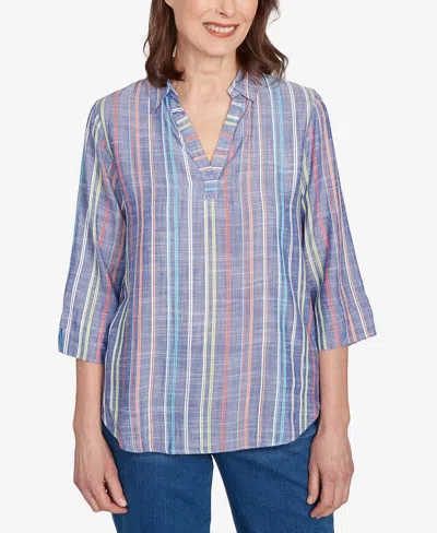 Alfred Dunner Petite El Paso Textured Multi Stripe Collared Top In Blue